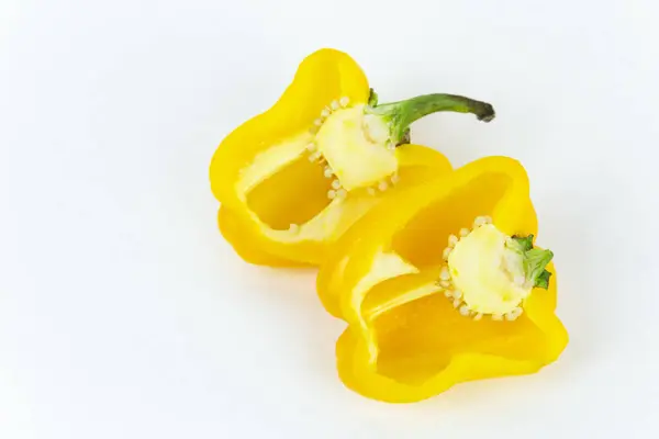 Fresh Vegetables Cut Half Juicy Yellow Pepper Green Stem Lies — Stock Photo, Image
