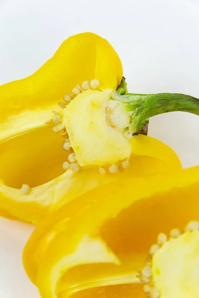 Fresh Vegetables Cut Half Juicy Yellow Pepper Green Stem Lies — Stock Photo, Image