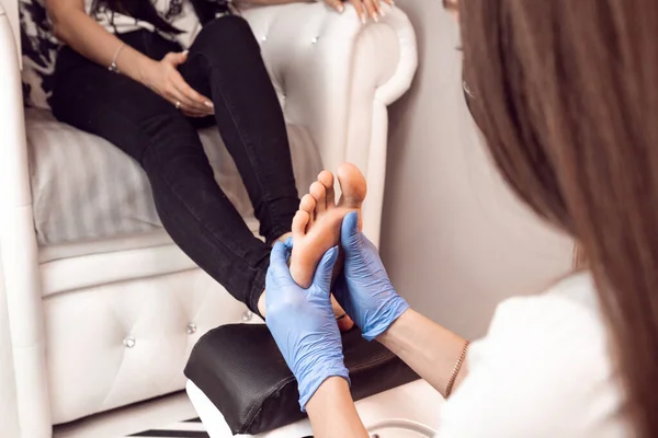 Hand Nail Care Beautiful Women Feet Pedicure Beauty Salon Master — Stock Photo, Image