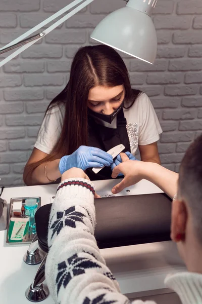 Manicure Master Doing Manicure Blue Gloves Black Face Mask Client — Stock Photo, Image