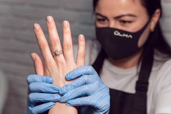 Manicurist Does Hand Massage Applying Hand Cream Female Hands Hardware — Stock Photo, Image