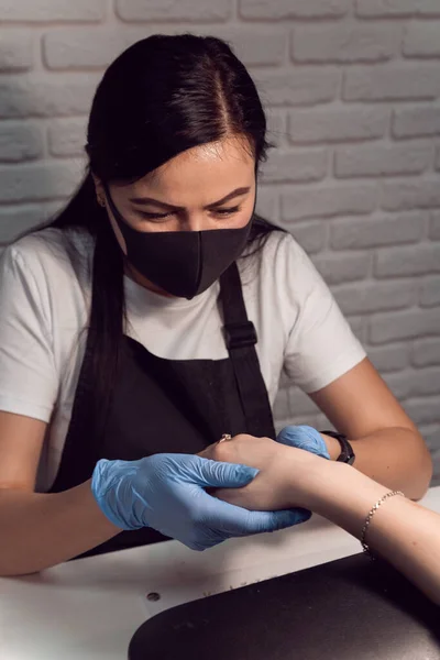 Manicurist Does Hand Massage Applying Hand Cream Female Hands Hardware — Stock Photo, Image