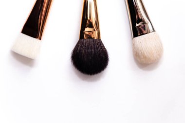 Makyaj aletleri, makyaj fırçaları. Temeller için makyaj araçları, fırçalar, kızarma, dış hatlar ve toz.