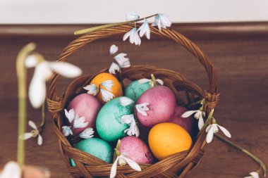 Paskalya geçmişi. Sepette paskalya yumurtası. Sarı, yeşil ve mor yumurtalarla süslü bir Paskalya sepeti ahşap bir masada duruyor..