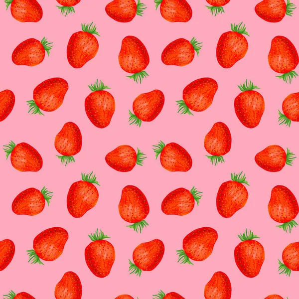 Strawberry seamless pattern. Many red strawberries on a pink background drawn by gouache. Design for cosmetics, health products, perfumes, website, print posters, textiles, clothes, bedding, fabrics