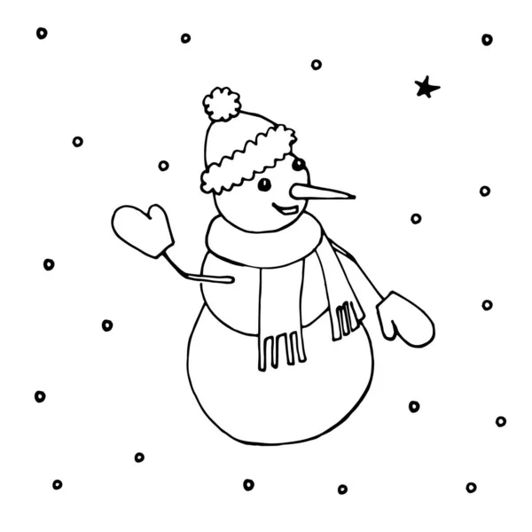 雪人是以线性的方式手绘的。他握着温暖的手套，微笑着向我们挥手。他穿着一条蓬松的围巾，头戴一顶有华丽图案的帽子。着色。种群矢量说明 — 图库矢量图片