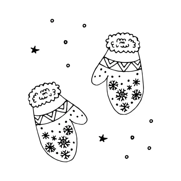 冬季保暖手套是以线性方式手工绘制的。黑白插图。着色的元素。温暖的冬季饰物。圣诞套餐. — 图库矢量图片