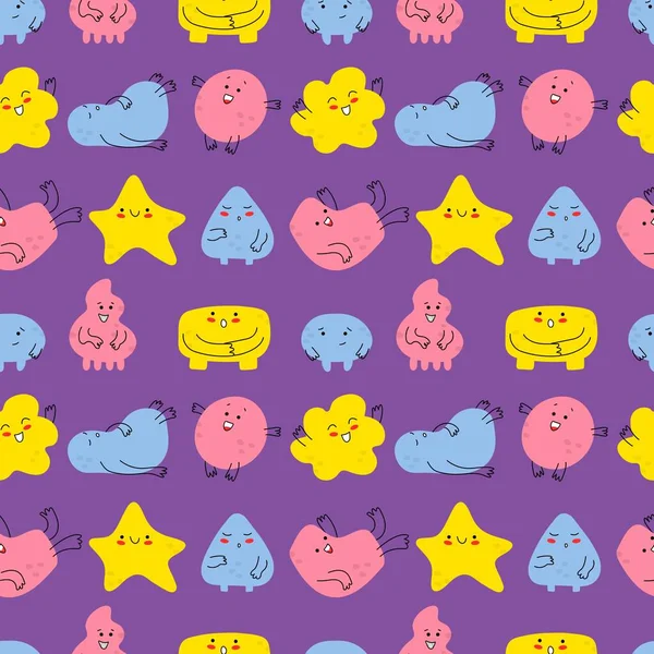 Seamless pattern of cute funny monsters. Pink, yellow and blue monsters on a purple background. Children s print for t shirts, children s clothing, and room decoration, notebooks. Funny characters — Stock Vector