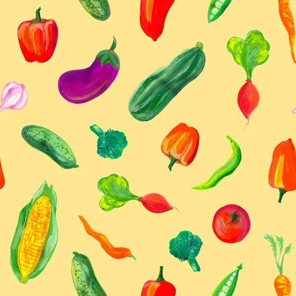 A pattern of juicy vegetables on a light yellow background. Pattern for kitchen, apron, towels, napkins, curtains. Vegetables drawn by hand in gouache. Cute pattern for Housewives. Stock illustration