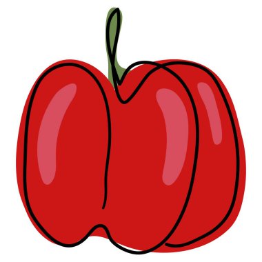 Tatlı biber tek bir siyah çizgiyle çizilir. Doodle tarzı. Ana hattın altında kırmızı bir leke var. Doğrusal stil. Stock vektör illüstrasyonu. Ayrı nesneler