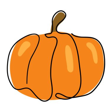 The pumpkin is drawn with a single black line. Doodle style. An orange spot. The concept of harvesting. Halloween holiday. Linear style. Stock vector illustration. Isolated objects. Simple object