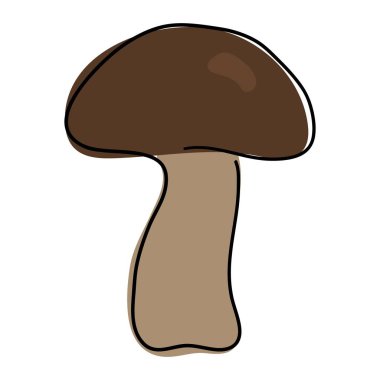 Kahverengi şapkalı ve hafif bacaklı beyaz bir mantar. Bir satır. Doğrusal stil. İzole edilmiş basit bir nesne. Boletus. Nesne karalama biçiminde tek bir çizgi ile çizilir. 