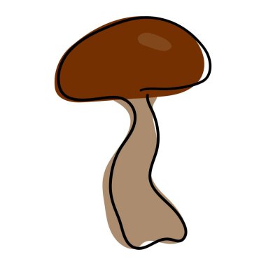 Kahverengi şapkalı ve hafif bacaklı beyaz bir mantar. Bir satır. Doğrusal stil. İzole edilmiş basit bir nesne. Boletus. Nesne karalama biçiminde tek bir çizgi ile çizilir. 