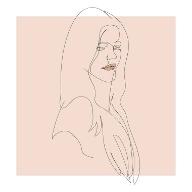 Güzel yüz sürekli bir çizgi şeklinde çizilir. Saçları dökülmüş bir kadın. Dudaklar farklı bir renkle işaretlenmiş. Bej bir arka planda siluet. İzole vektör illüstrasyonu