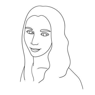 Güzel bir yüz doğrusal bir şekilde çizilir. Saçları dökülmüş bir kadın. İnce bir çizgi yüzün özelliklerini özetliyor. Beyaz arka planda siyah bir siluet. İzole vektör illüstrasyonu