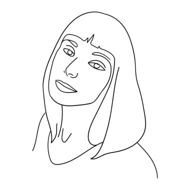 Güzel bir yüz doğrusal bir şekilde çizilir. Saçları dökülmüş bir kadın. İnce bir çizgi yüzün özelliklerini özetliyor. Beyaz arka planda siyah bir siluet. İzole vektör illüstrasyonu