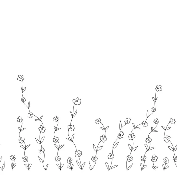 Une bordure sans couture de fleurs est dessinée dans le style doodle avec une ligne continue. Une fine ligne de contour noir sur fond blanc. — Image vectorielle