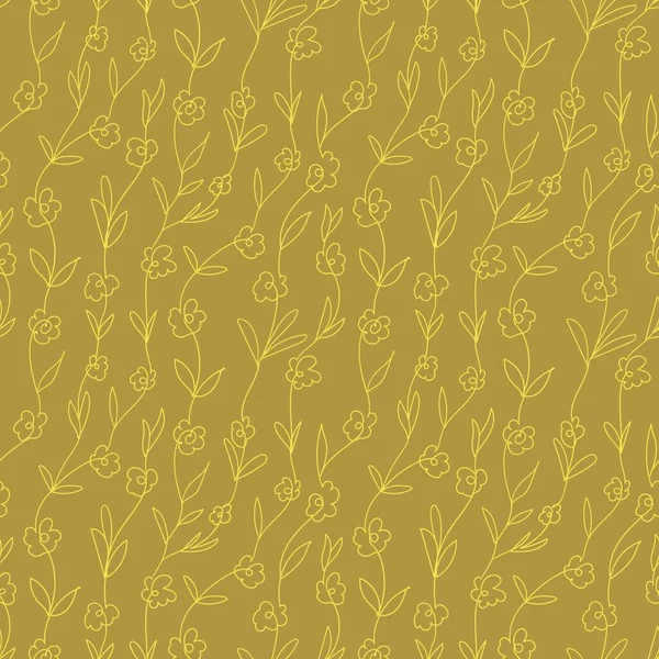 Impressão de mostarda com flores amarelas desenhadas em uma linha. Um padrão repetitivo. Desenho linear. — Vetor de Stock