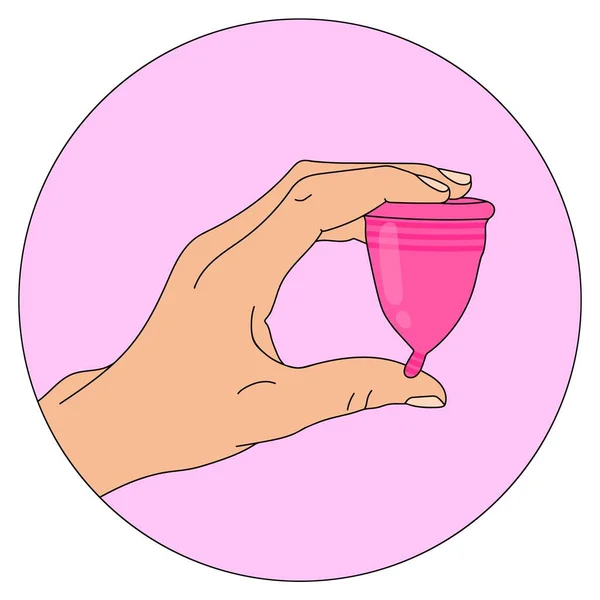 Illustratie van een hand die een menstruatiecup vasthoudt. Milieuvriendelijke optie voor het vervangen van pads en tampons. Een milieuvriendelijk alternatief. Vrouwelijke hygiëne. Gekleurde lijntekening in een cirkel — Stockvector
