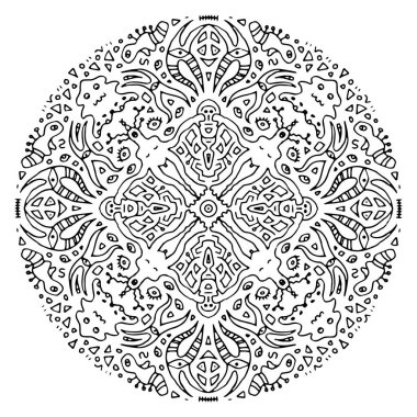 Beyaz arka planda garip bir mandala. Uzun kolları, gözleri, uzaylı hayvanları olan alışılmadık yaratıklar. Doodle tarzı çizim. Siyah özet. Dekoratif izole çizim.