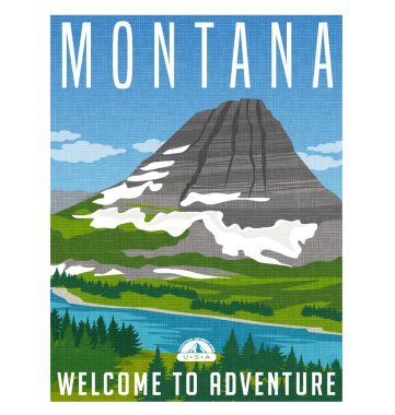 Retro style travel poster or sticker. Bearhat Mountain and Hidden Lake, Montana USA clipart
