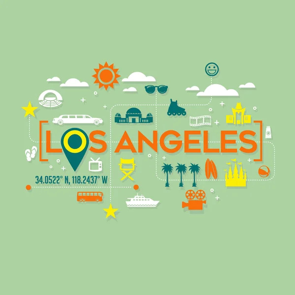 Iconos de Los Ángeles y diseño tipográfico para tarjetas, pancartas, camisetas, carteles — Archivo Imágenes Vectoriales