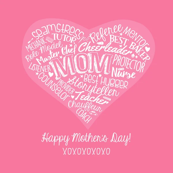 Carte Happy Mothers Day avec des mots manuscrits en forme de coeur — Image vectorielle