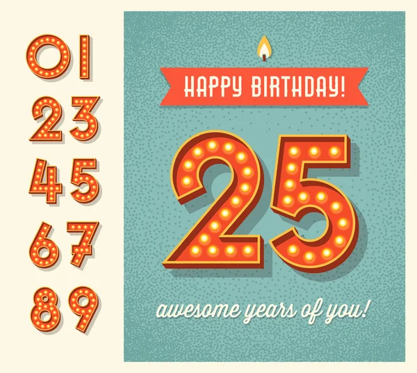 Greeting card, invitation design with set of lighted retro numbers. easy to edit. — Stock Vector