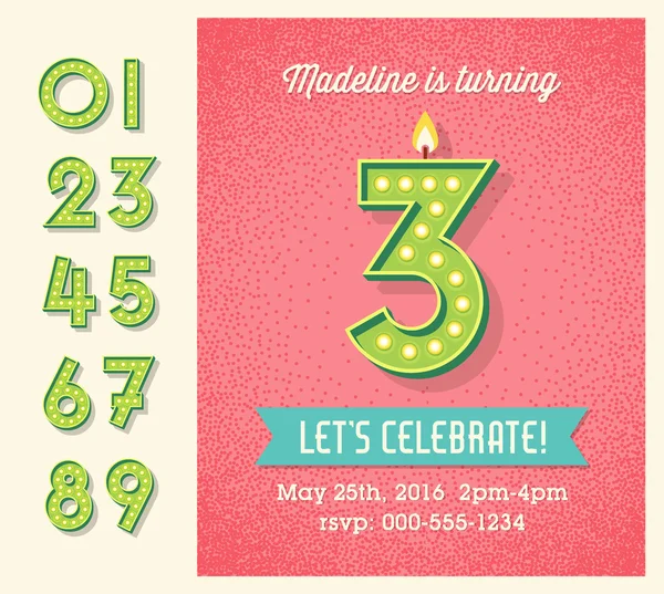 Greeting card, invitation design with set of lighted retro numbers. easy to edit. — Stock Vector