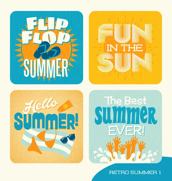 Verano vacaciones diseños retro para tarjetas, pancartas, camisetas — Vector de stock