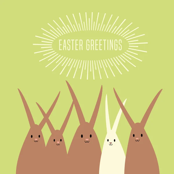 Diseño de tarjeta de felicitación de Pascua con grupo de conejos felices conejos de Pascua — Archivo Imágenes Vectoriales
