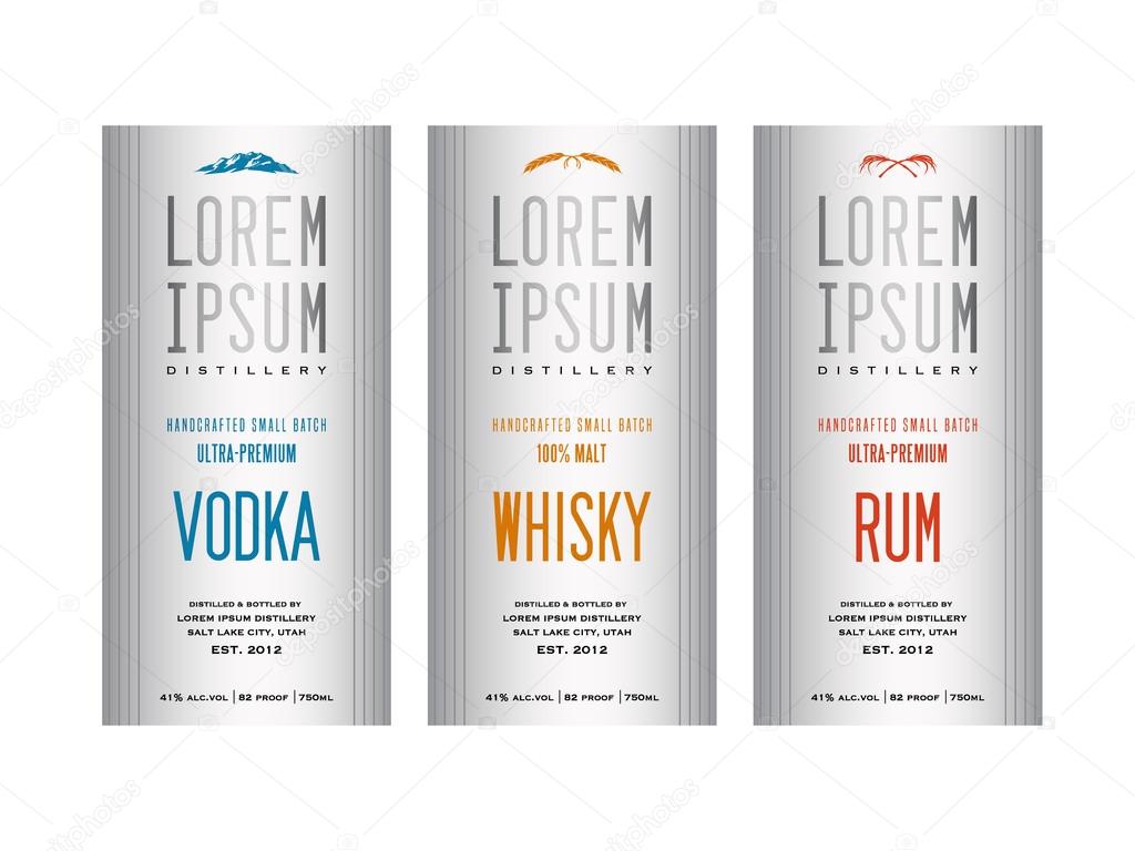 Liquor bottle label designs for vodka, whisky whiskey and rum
