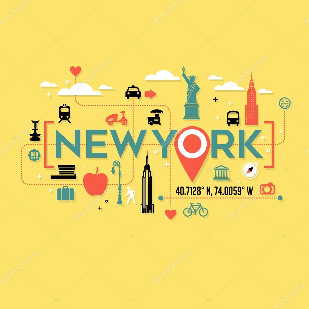 Icone di New York City e disegno di tipografia per carte striscioni magliette