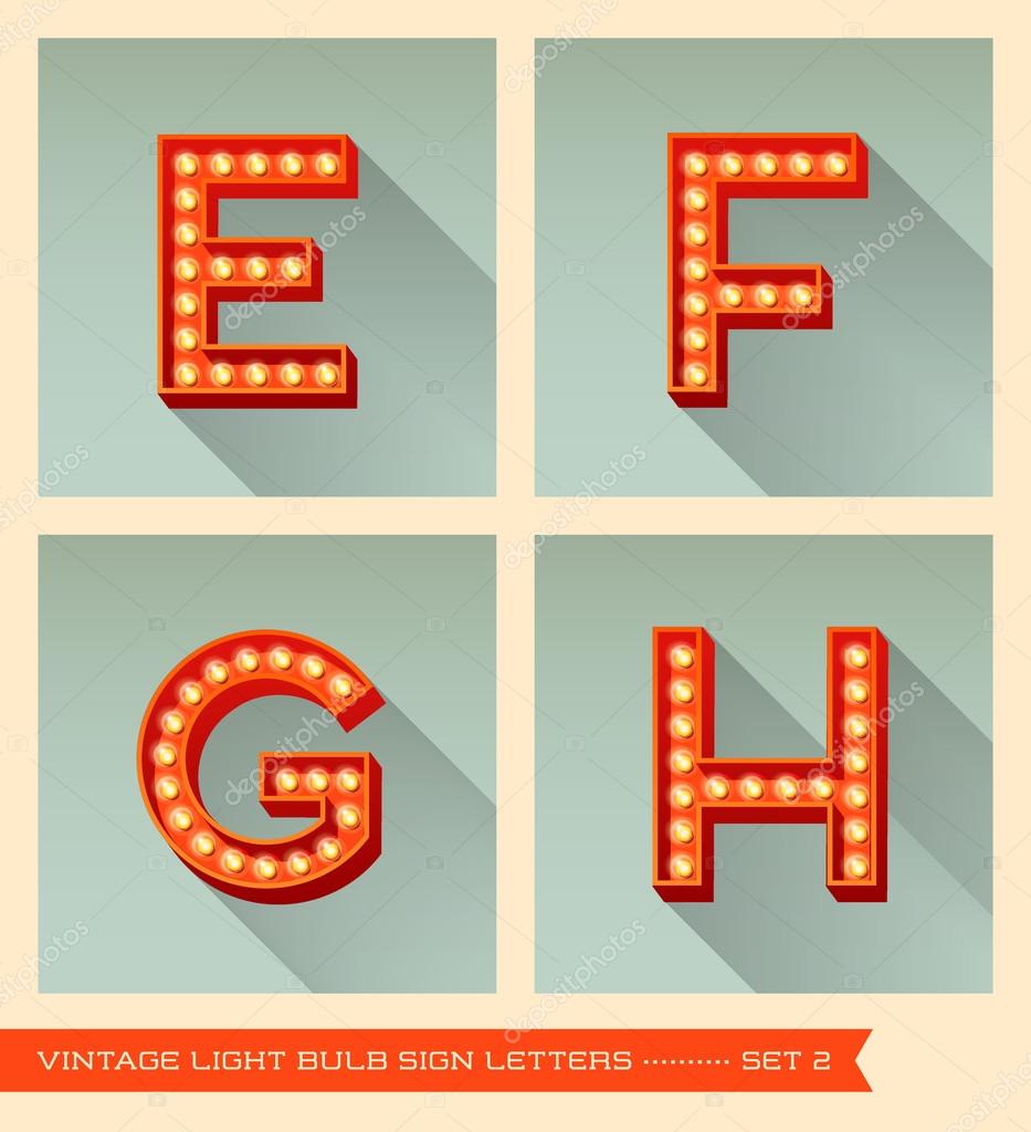Vintage light bulb sign letters e, f, g, h