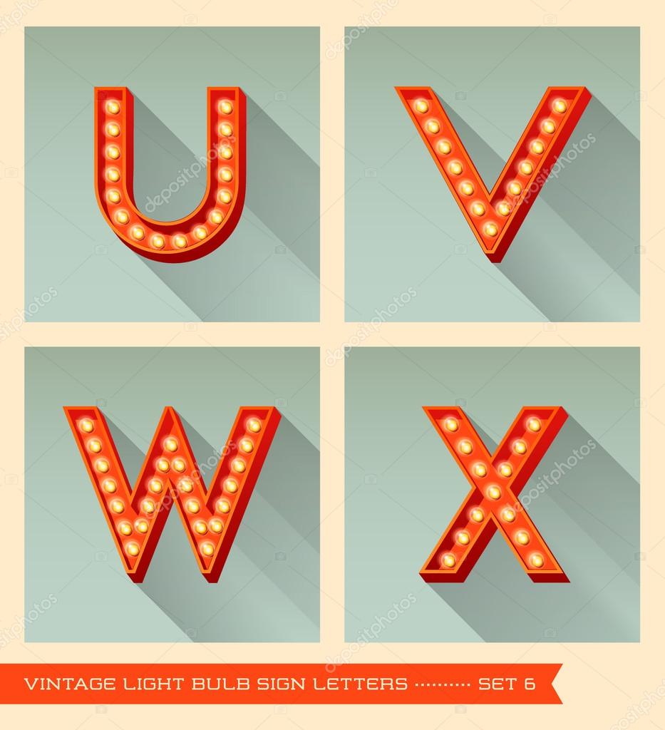 Vintage light bulb sign letters u, v, w, x