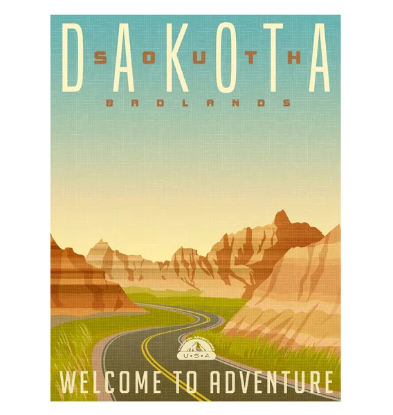 Styl retro plakat podróż lub naklejki. Stany Zjednoczone Ameryki, South Dakota, Park Narodowy Badlands — Wektor stockowy