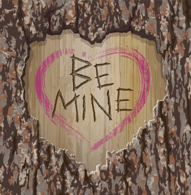 Heart and letters carved into a tree with Be Mine message. Vector illustration for Valentine's Day. clipart