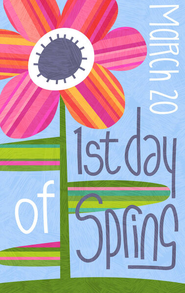 1st day of spring March 20, 2021 vector illustration with abstract flower surrounded by handwritten text. Cheerful design for banners, cards, posters and decor.