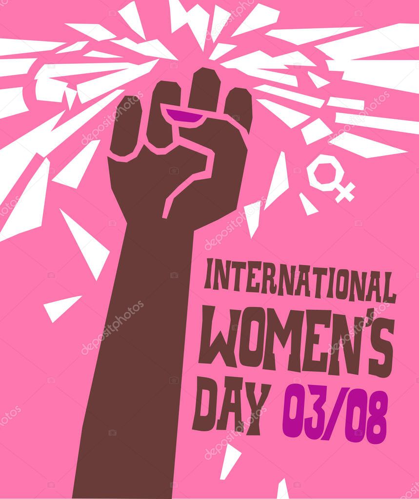International Women's Day poster or banner design. Breaking through glass ceiling concept. Female fist with falling glass shards. Vector illustration.
