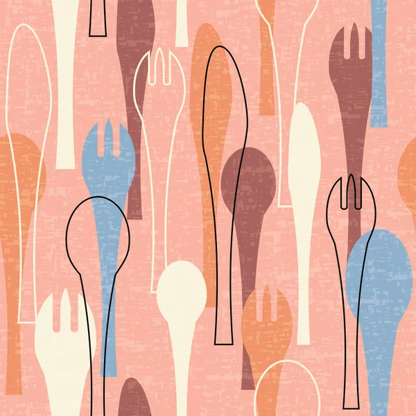 Çatal, kaşık ve bıçakların kusursuz deseni. Masa takımı temalı yüz yıl öncesi stil tasarımı. Özgeçmiş, baskı ve kumaş tasarımı için. Vektör illüstrasyonu.