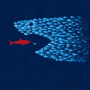School of little blue fishes come together and join forces to overcome and eat red shark. Survival through working together to save democracy. United we stand, divided we fall. Fighting against voter suppression and corruption. Teamwork concept.