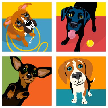 Dört köpek cinsinin karikatürleri. Boxer, Kara Labrador, Dachshund ve Beagle. Posterler, kartlar, afişler, tişörtler, sosyal medya için. Vektör İllüstrasyonu.