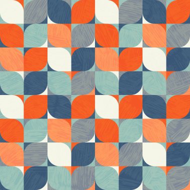 Kusursuz soyut geometrik desen. Dairelerin, karelerin ve dokuların Retro Bauhaus tasarımı. Arkaplan, kumaş tasarımı, ambalaj kağıdı, sosyal medya ve ev dekorasyonu için kullan