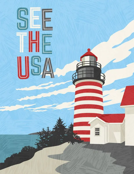 Retro Style Travel Poster Design United States Scenic Image Lighthouse — Stock Vector