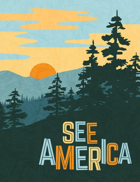 Retro style travel poster design for the United States. Scenic image of mountains and pine trees at sunset. Limited colors, no gradients. Vector illustration. — Stock Illustration Retro Style Travel Poster Design United States Scenic Image Mountains Royalty Free Stock Vectors