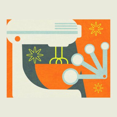 Pişirme ve yemek hazırlama araçlarının soyut kolajı. Elektrikli mikser, kase ve ölçüm kaşıkları da dahil. Sanat eseri, dekor, sosyal medya ve afişler için modern pişirme teması çizimi.