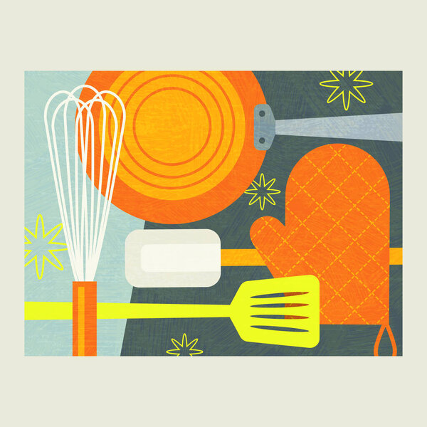 Abstract collage of cooking tools for food preparation. Includes whisk, frying pan, oven mitt and spatula. Modern culinary theme vector illustration for artwork, decor, social media, banners.