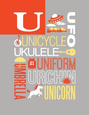Letter U typography illustration alphabet poster design with words that start with U clipart