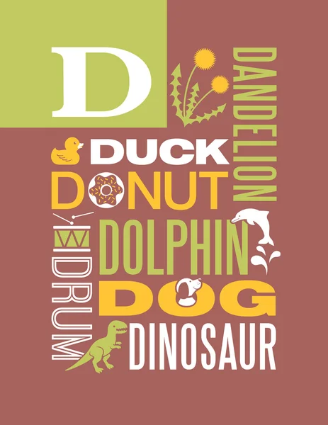 Carta D tipografia ilustração alfabeto cartaz design com palavras que começam com D —  Vetores de Stock