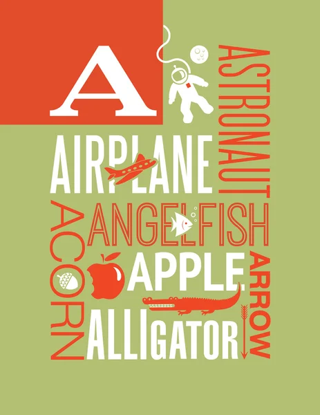 Lettera Una tipografia illustrazione alfabeto poster design con parole che iniziano con A — Vettoriale Stock
